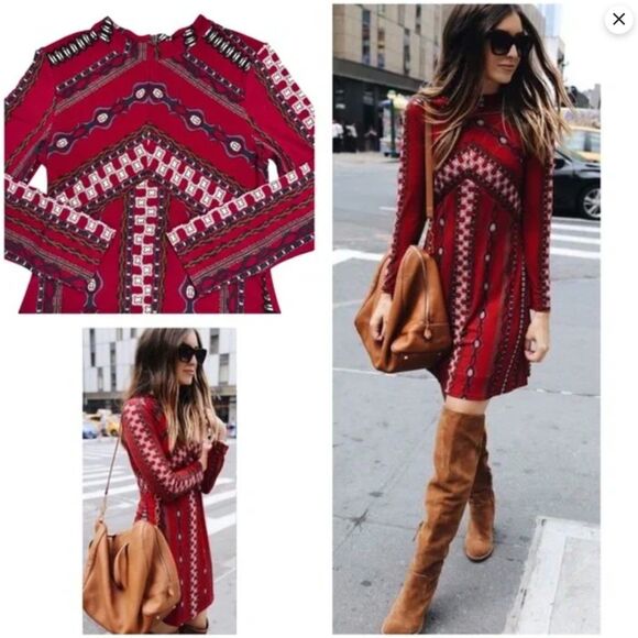 Free People Dress Long Sleeve Stella Mini Boho High Neck Stretch Size XS - Picture 8 of 10